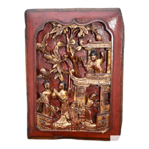 Antique Chinese Carved & Painted Figural Plaque