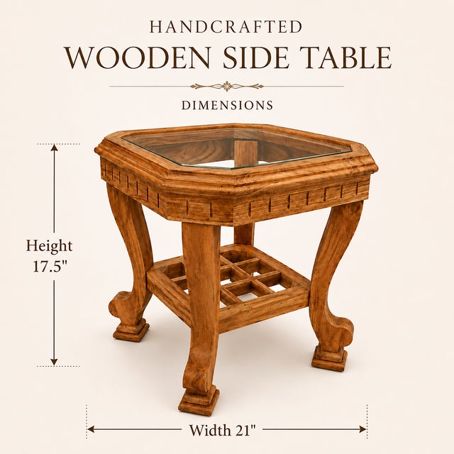 Art Deco Handmade Wooden Side Table With Glass Top, Carved Wood End Table, Luxury Bedside Table, Vintage Accent Table, Solid Wood Nightstand Decor For Sale - Image 3 of 13