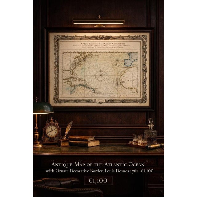 Antique Map of the Atlantic Ocean with Ornate Border by Desnos, 1761 For Sale - Image 3 of 12