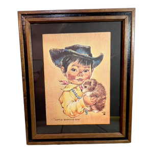 Late 20th Century Little Barking Dog Framed Art Print – Vera Louise Drysdale – Native American Child & Puppy – Arizona Wall Art