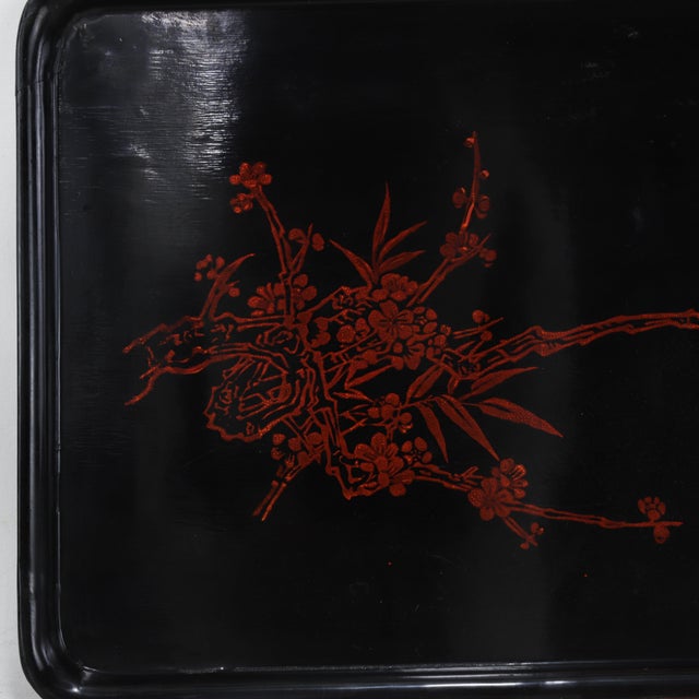 Wood Vintage Chinese Black Lacquer Rectangular Serving Tray - Red and Gold Plum Blossom Motif For Sale - Image 7 of 16