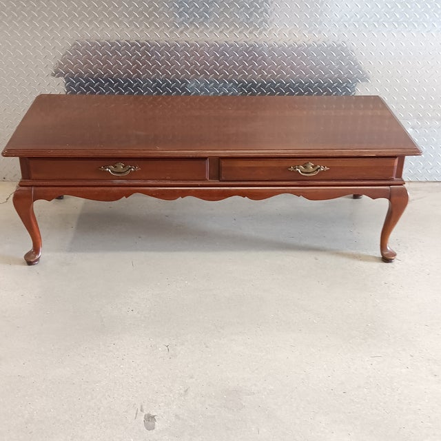 Vintage French Country Ethan Allen Cherry Finish Coffee Table With Cabriole Legs For Sale - Image 13 of 14