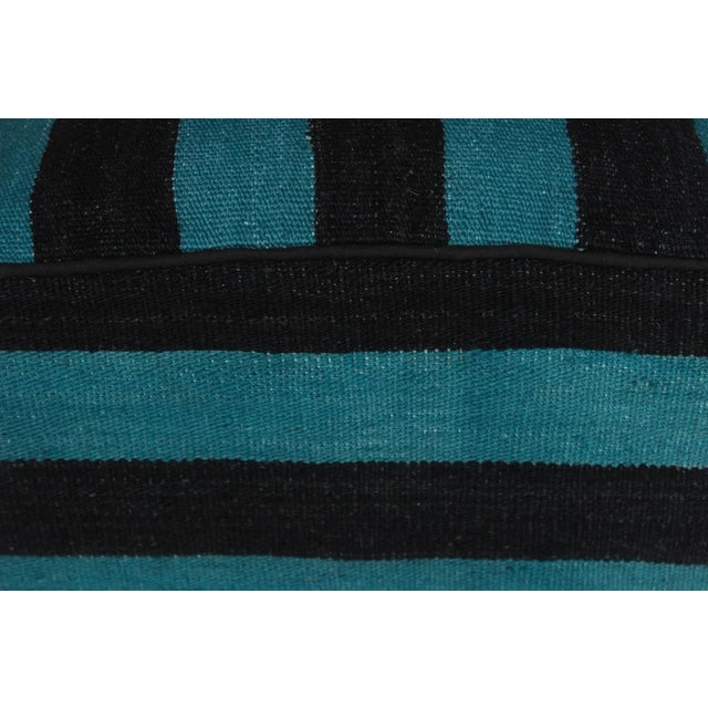 Wood Shabby Chic Arshs Deedra Teal/Black Kilim Upholstered Handmade Ottoman For Sale - Image 7 of 8