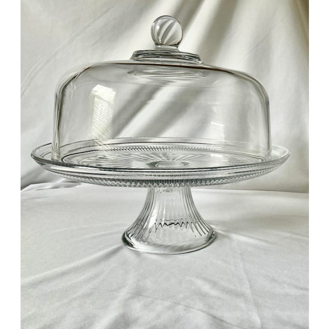 Traditional Pressed Glass Cake Stand With Glass Dome For Sale - Image 9 of 11
