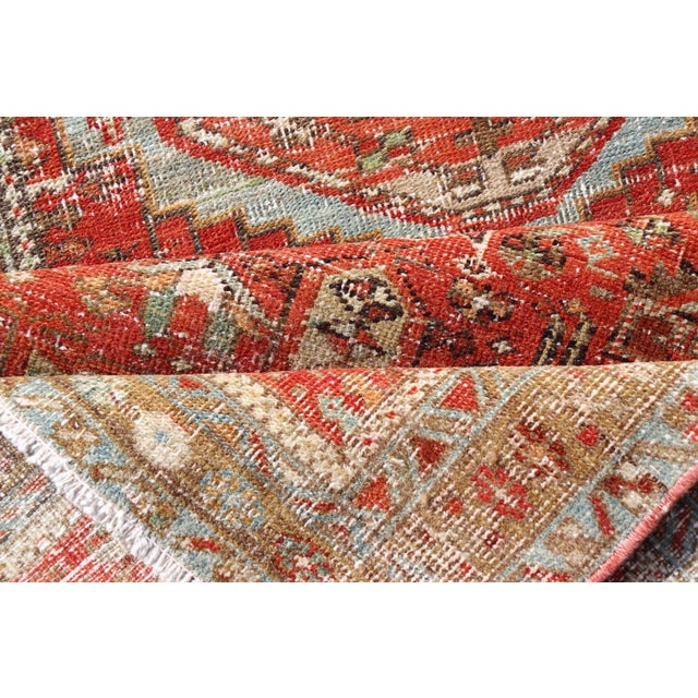 Antique Persian Heriz Distressed Runner With Geometric Medallions in Soft Colors For Sale - Image 10 of 11