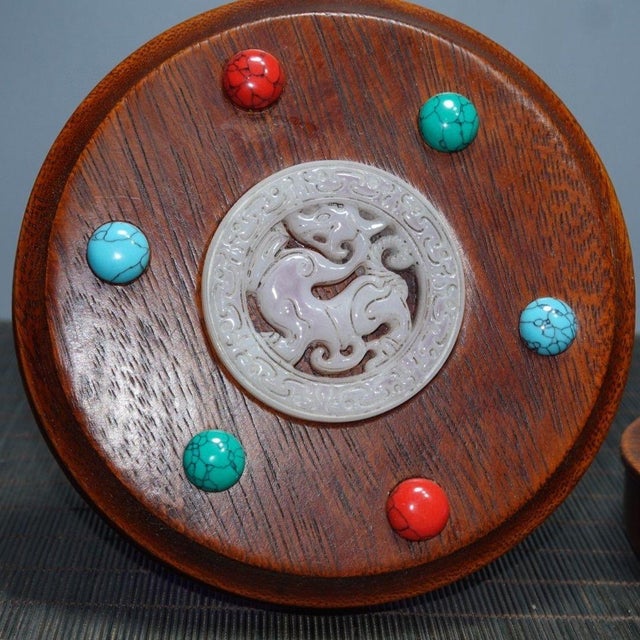 Antique Huali Wood Jewelry Box With Carved Jade Center and Turquoise Stones For Sale In Los Angeles - Image 6 of 9