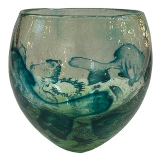 Kosta Boda Artists Choice Thick Green Translucent Glass Vessel With Bubble Inclusions For Sale