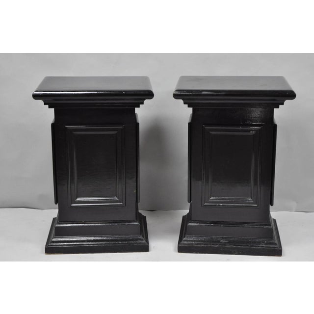 Traditional Vintage French Empire Style Black Lacquer Painted Pedestal Column End Table Pair For Sale - Image 3 of 18