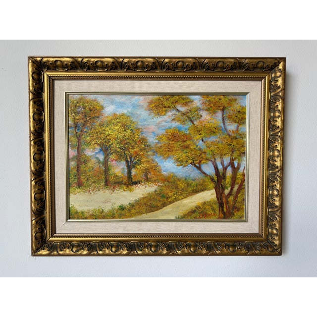 Charming vintage Impressionist landscape oil painting on Masonite board, depicting a peaceful winding path surrounded by...
