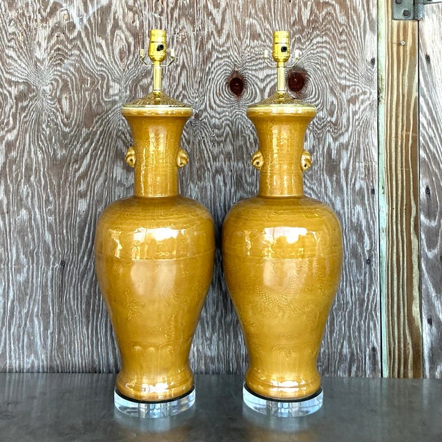 Vintage Boho Glazed Porcelain Dragon Relief Lamps - A Pair For Sale - Image 12 of 12