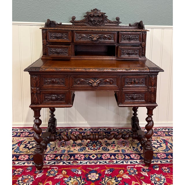 Antique French Petite Barley Twist Desk Carved Oak Renaissance Revival c.1890 For Sale - Image 10 of 18