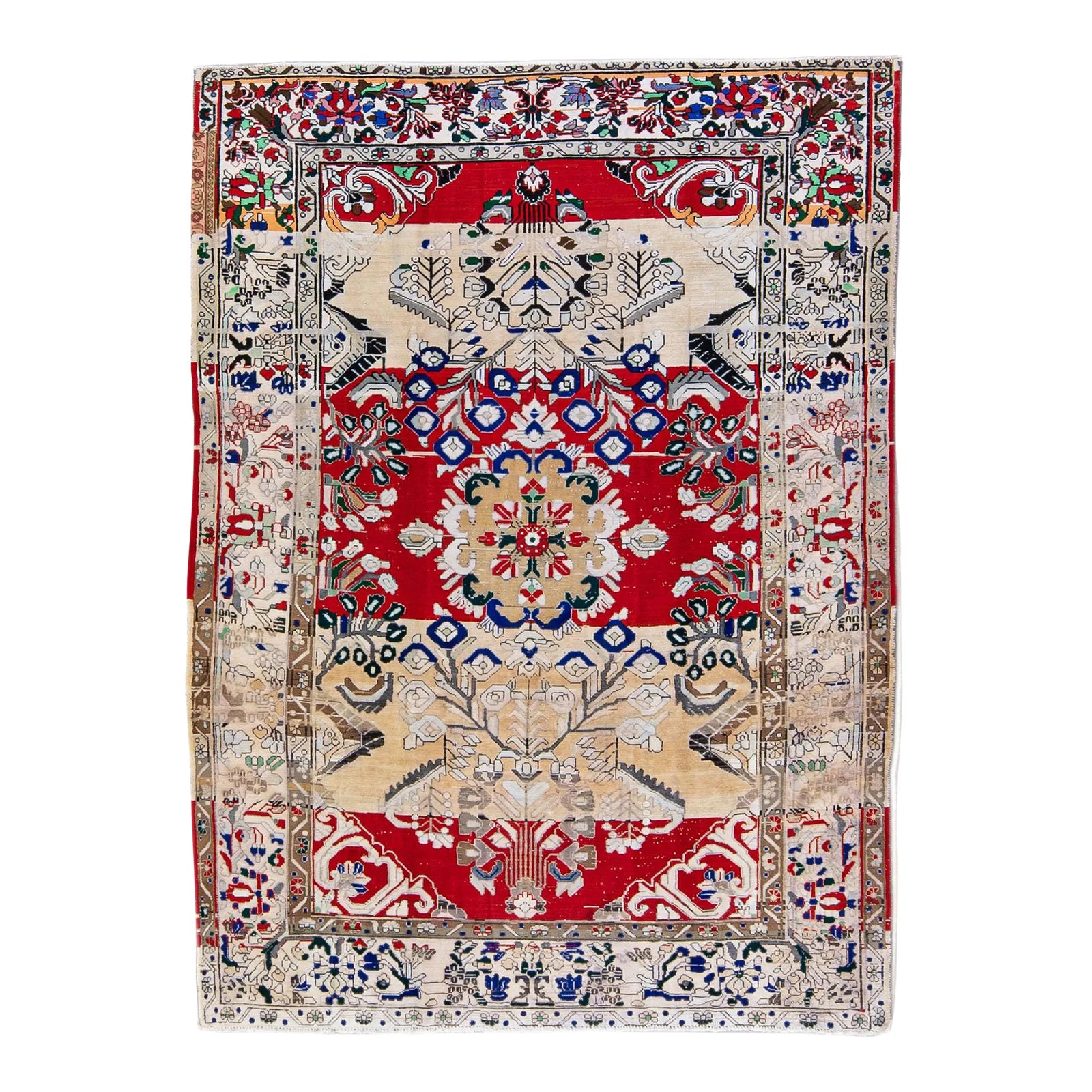 1960s Vintage Persian Distressed Red Handmade Floral Wool Rug | Chairish