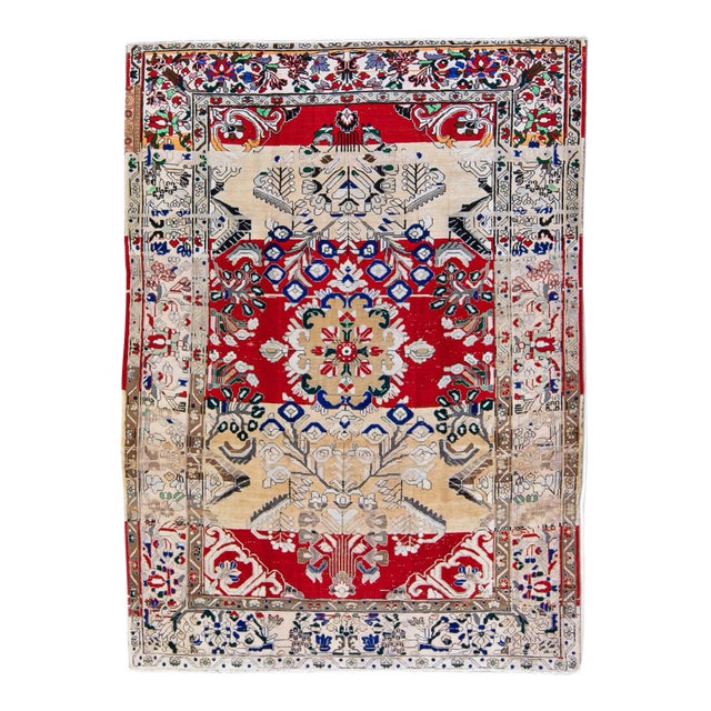 1960s Vintage Persian Distressed Red Handmade Floral Wool Rug For Sale