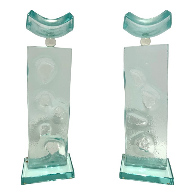 Pair of Aqua Teal Studio Art Glass Sculptures Totems Lucite Bases 15.5” Abstract Modern For Sale