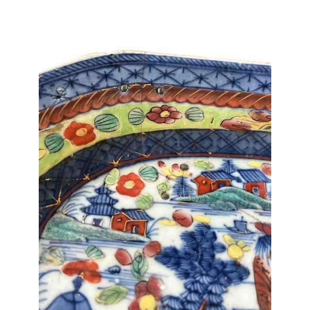 Imari Porcelain 19th C Japanese Imari Porcelain Plater Featuring Pagodas, Moths, and Junk Ships With Historic Staple Repairs | Late Edo–Early Meiji, Circa 1860–1885 For Sale - Image 4 of 9