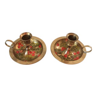 Vintage Enameled Brass Candlestick Holders For Sale