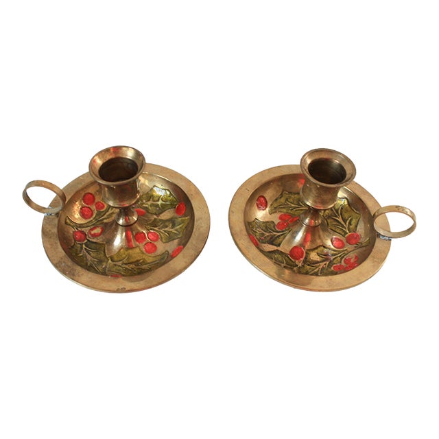 Vintage Enameled Brass Candlestick Holders For Sale