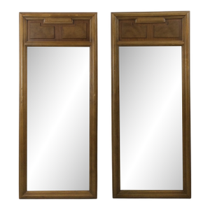 Pair of Mid Century Modern Wall Mirrors With Rectangular Wood Frame and Burlwood Inlay