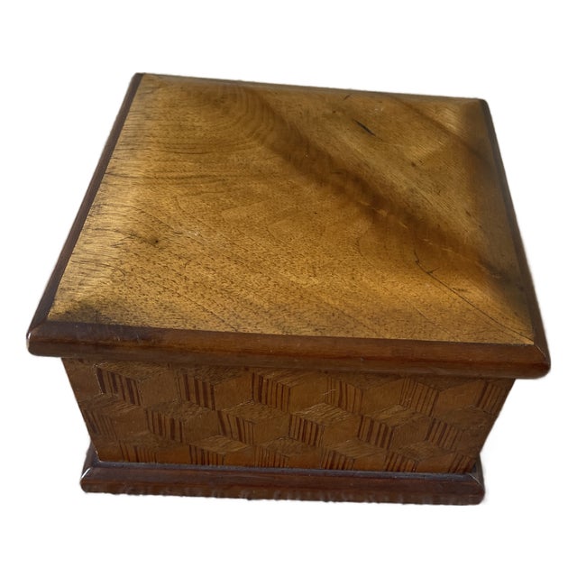 Vintage Wooden Square Wooden Trinket Dresser Box Geometric Parquetry Marquetry For Sale