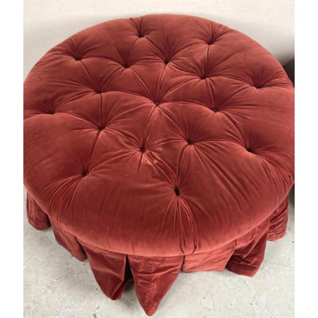 English Burgundy Red Velvet Tufted Ottoman For Sale - Image 3 of 3