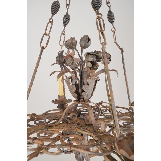 Black Early 20th Century Restored Antique French Wrought Iron Chandelier For Sale - Image 8 of 15