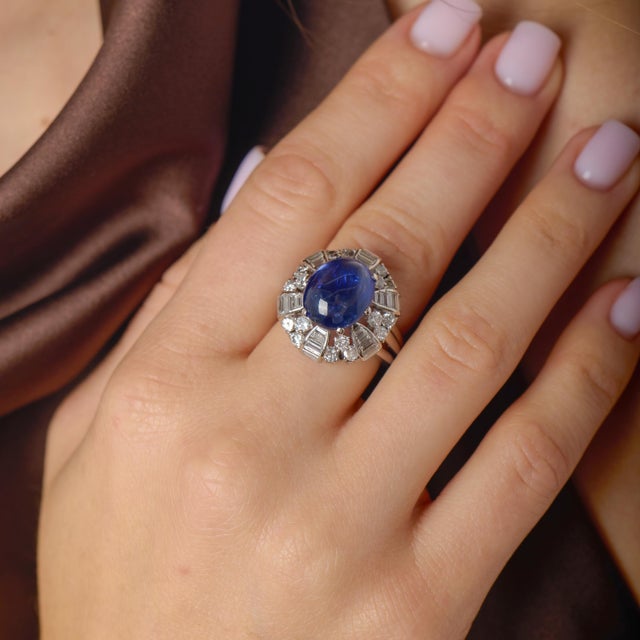 1950s 1950s Mid-Century Gia 7.41 Carat Burma No Heat Sapphire Diamond Platinum Cluster Ring, Size 6.75 For Sale - Image 5 of 7