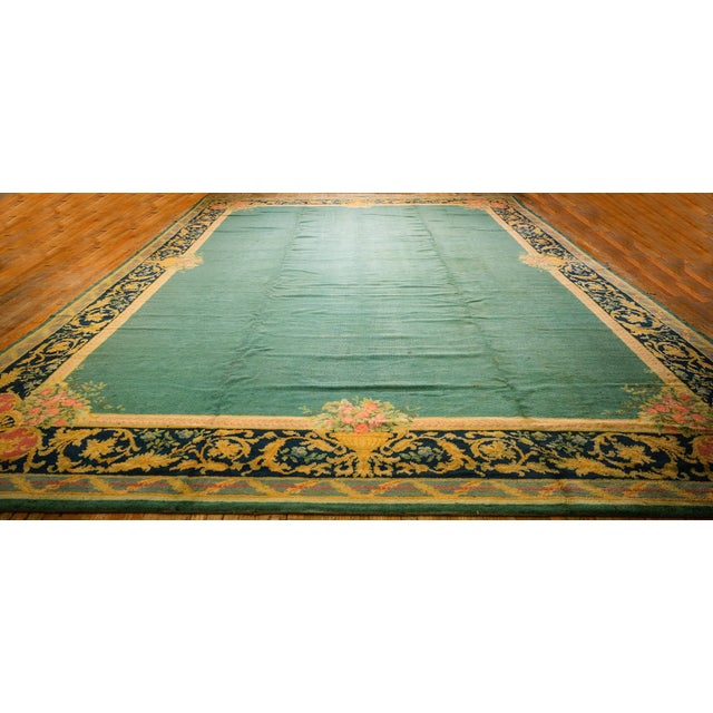 Arts & Crafts 1920s Green Open Field Roses Border Antique Donegal Arts Crafts Woven Carpet Rug For Sale - Image 3 of 6