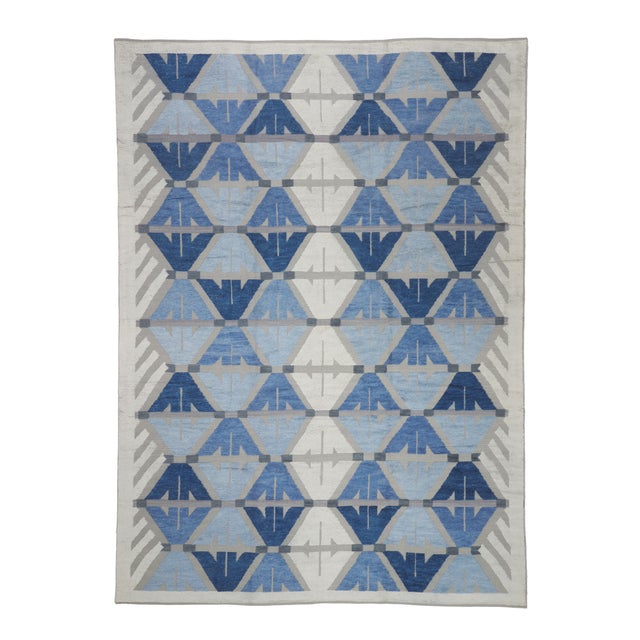 30566 Contemporary Geometric High-Low Indian Rug, 10'06 x 14'05. The Azure Cadence: A Contemporary Indian Masterpiece of...
