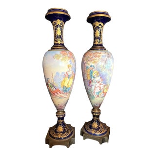 19th Century Sevres Louis XVI Blue Gilt Porcelain Vases- a Pair For Sale