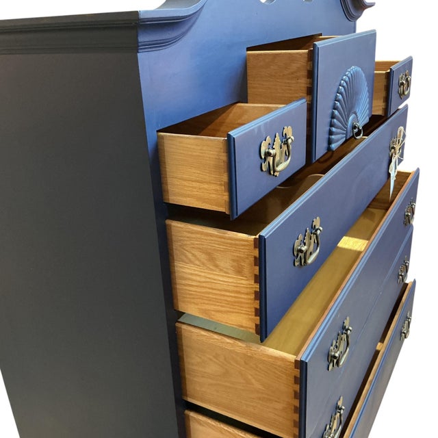 1970s Pennsylvania House Highboy Dresser 2 Pc 11 Drawer Annie Sloan Napoleonic Blue For Sale - Image 5 of 11