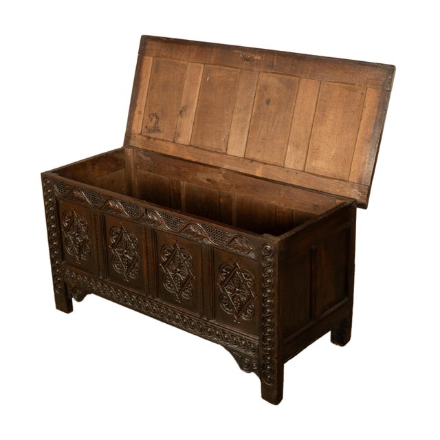 Coffee Antique 17th Century Jacobean Charles II Dark Oak Carved Coffer Chest 1680 For Sale - Image 8 of 16