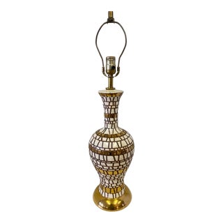 1960s Hollywood Regency Pottery Cream and Gold Glazed Tile Lamp For Sale