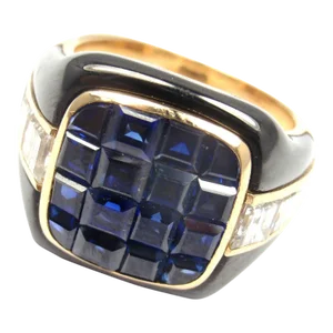 Piaget 18k Yellow Gold Diamond Invisible Set Sapphire Enamel Ring, size 6.5