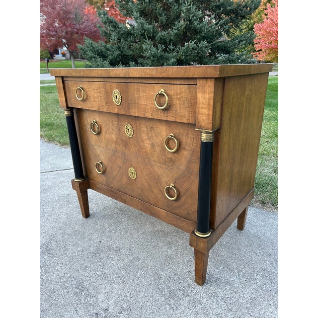 French Vintage 1960s Baker Furniture Neoclassical Walnut Chest of Drawers – French Empire Style With Brass Accents & File Drawer For Sale - Image 3 of 9