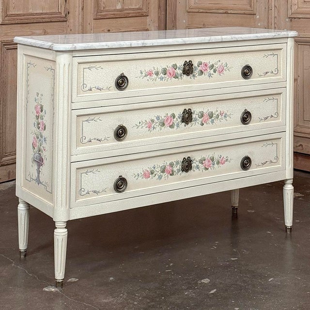 Late 20th Century French Louis XVI Painted Commode With Carrara Marble For Sale - Image 4 of 18