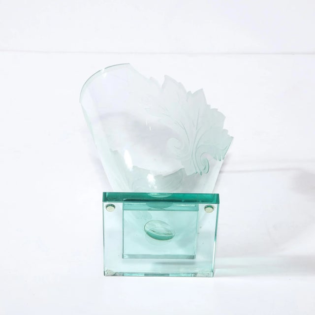 1990s Frosted and Etched Cut Glass Leaf Vase/Bowl on Geometric Base by Robert Guenther For Sale - Image 9 of 13