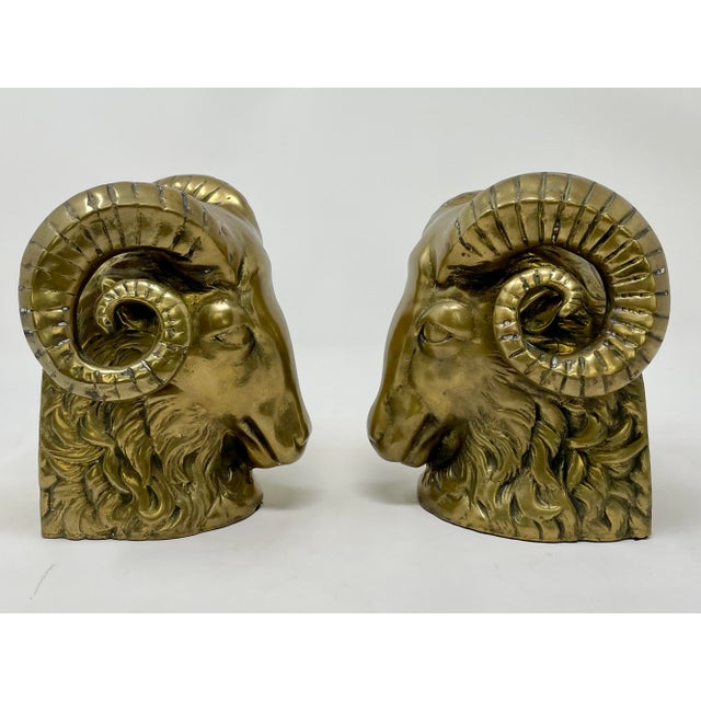 Mid-Century Modern Vintage Hollywood Regency Brass Rams Head Bookends - Set of 2 For Sale - Image 3 of 12