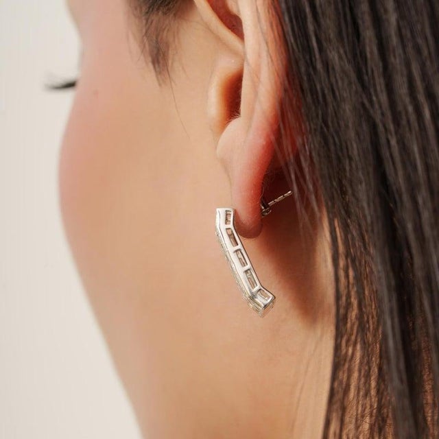 Metal Silver Multi-Band Peridot Zircon Wide Bar Half Hoop Earrings- A Pair For Sale - Image 7 of 12