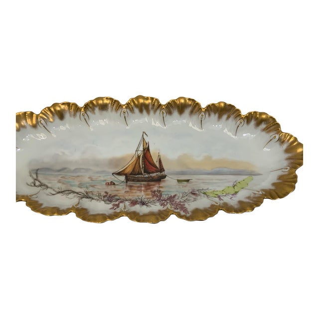 Antique A. Lanternier Limoges Hand-Painted Nautical Sailing Ship Porcelain Fish Platter Made in France c. 1900....