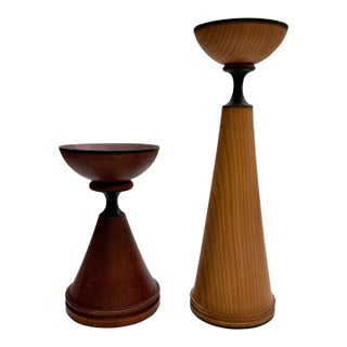 Pair of Vintage Rondeau Québec Sculptural Turned Wood Candle Holders For Sale
