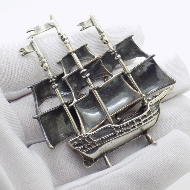 Metal Vintage Italian Handmade Silver Vessel Sailing Ship Figurine, Tuscany, 1980s For Sale - Image 7 of 13