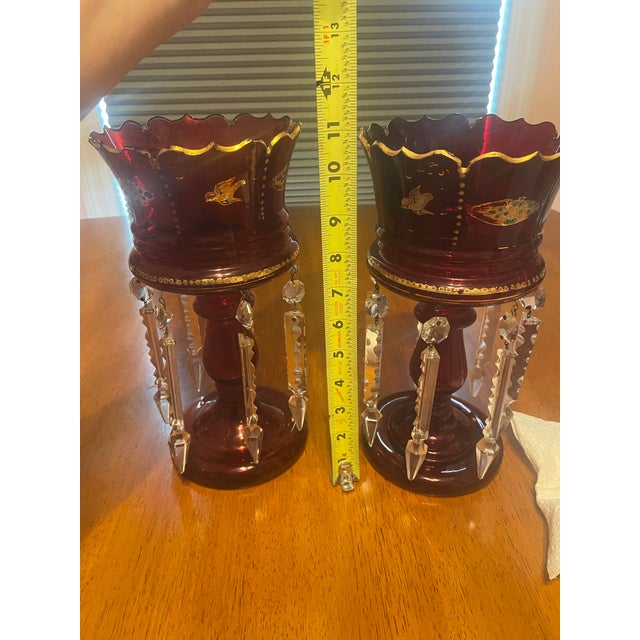 Pair of Bohemian Ruby Cranberry Glass Mantle Lusters With Gold Bird and Peacock Motifs and Crystal Prisms For Sale - Image 10 of 14