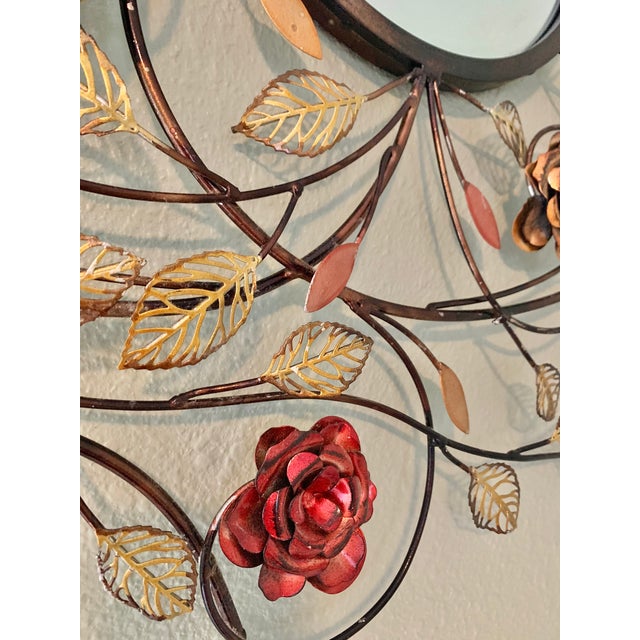 Mid-Century Modern Early Sculptural Italian Florentine Tole “Sundial” Floral Wall Mirror – Skeleton Leaves & Roses, Hollywood Regency, Circa 1958–1965 For Sale - Image 3 of 5