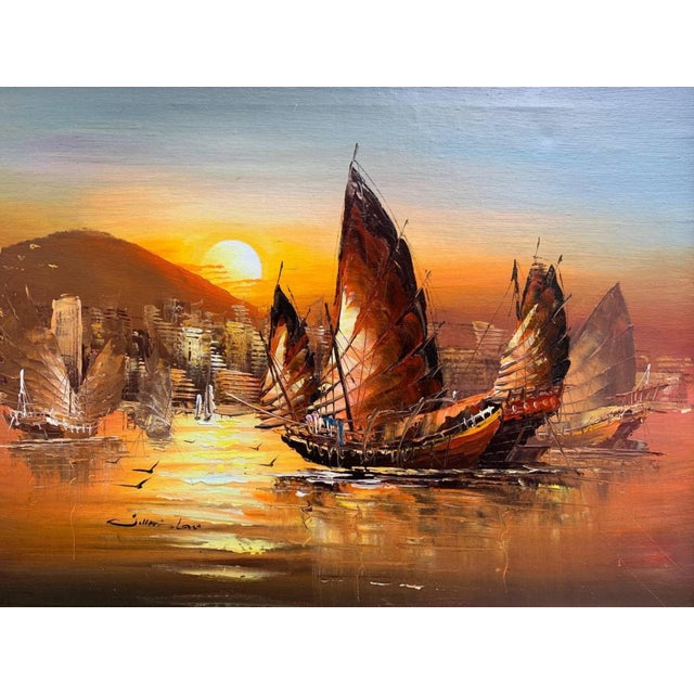 Late 20th Century Stunning Oil Painting on Canvas, Seascape, Sailing Ships at Sunset, Framed For Sale In Jacksonville, FL - Image 6 of 12