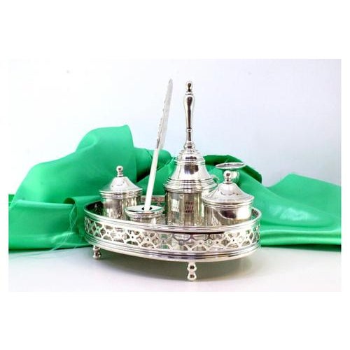 Plain Silver Inkwell with Two Tanks and Pen Holder and Candlestick and Bell and Quill-Shaped Pen, Set of 7 For Sale - Image 6 of 7