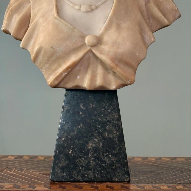 Stone Antique Art Nouveau Hand Carved Alabaster Bust of a Young Woman With Marble Stand For Sale - Image 7 of 10