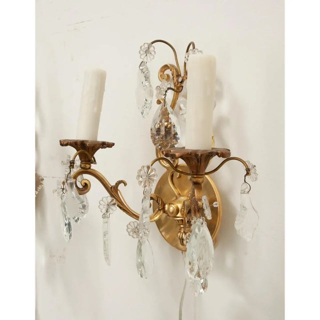 Metal French Early 20th Century Brass & Crystal Sconces - A Pair For Sale - Image 7 of 10