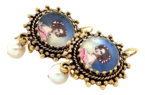 Painted Cameo & Pearl 14k Yellow Gold Earrings - 2 Pieces