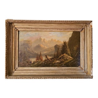 Large Antique Mountain Landscape Painting, Oil on Canvas, C. 1900, Antique Frame For Sale