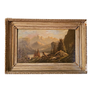 Large Antique Mountain Landscape Painting, Oil on Canvas, C. 1900, Antique Frame